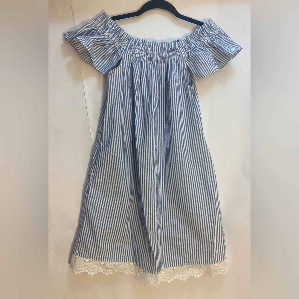 Zara Basic Off Shoulder Blue‎ and White Stripe Dress with Pockets Size XS
